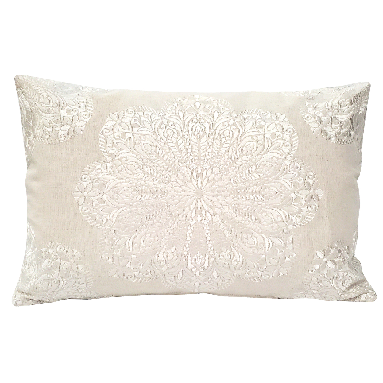 Mancini Natural And Cream Medallion Embroidered Throw Pillow 16x24, With Polyfill Insert