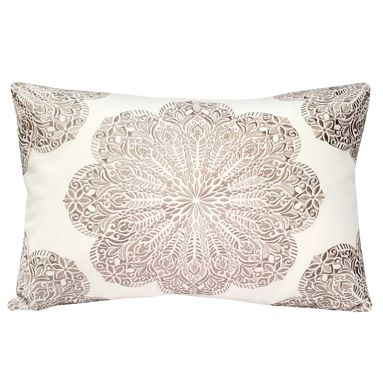 Mancini Cream And Sand Medallion Embroidered Throw Pillow 16x24, With Polyfill Insert