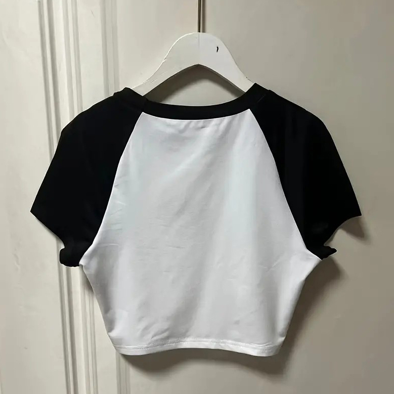 Star Print Color Block T-shirt, Y2K Short Sleeve Crew Neck Crop Top, Women's Clothing - S