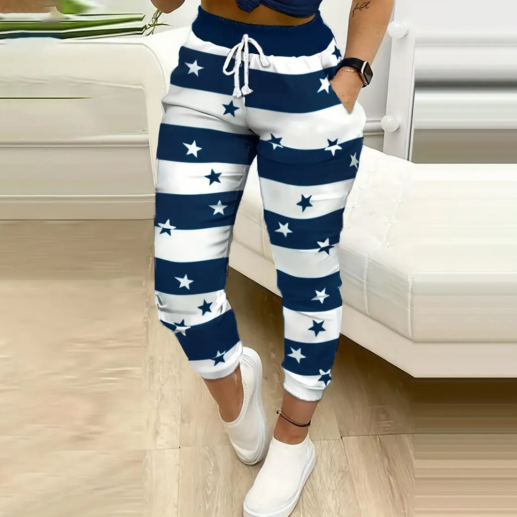Striped & Star Print Drawstring Pants, Casual Pants For Spring & Summer, Women's Clothing - L