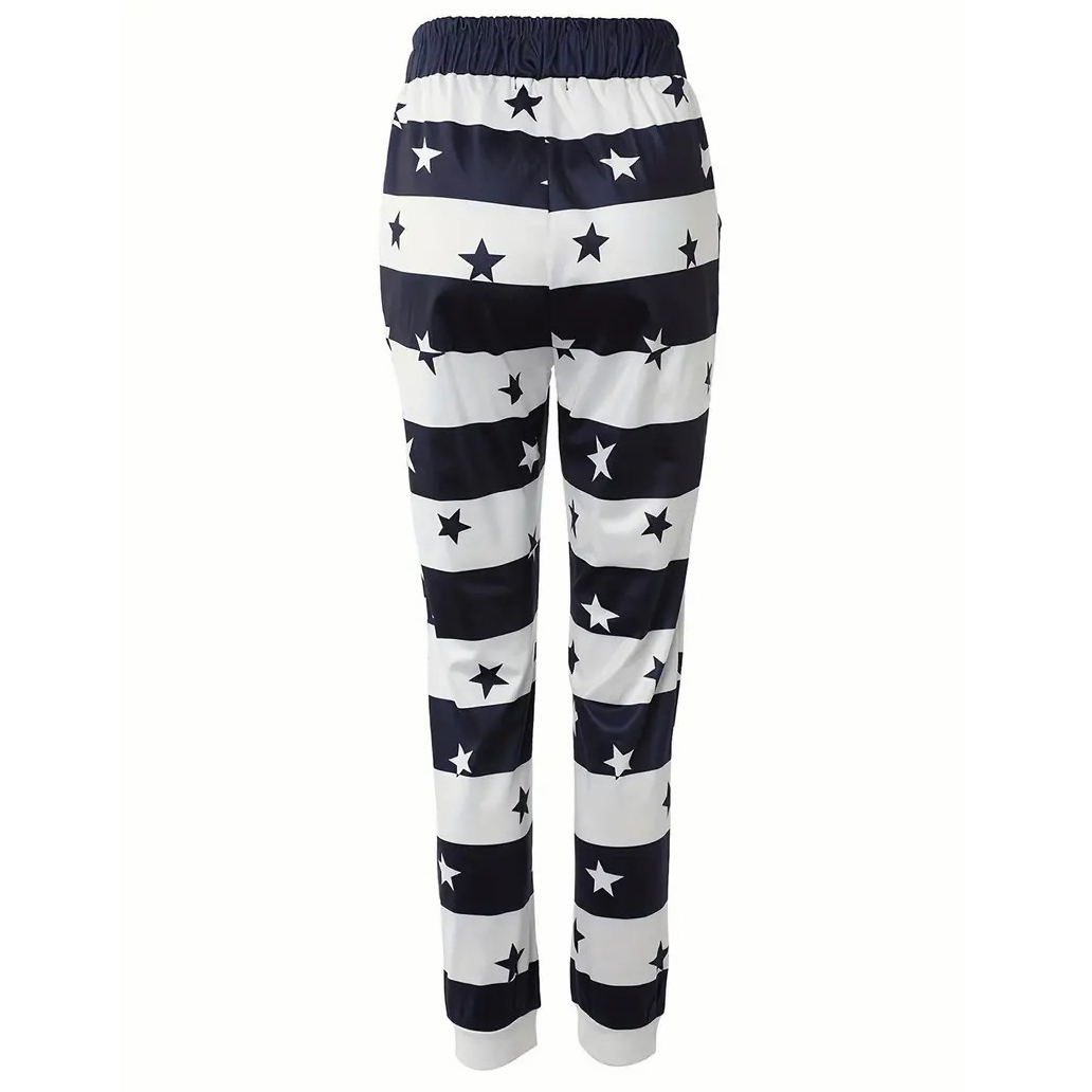 Striped & Star Print Drawstring Pants, Casual Pants For Spring & Summer, Women's Clothing - M