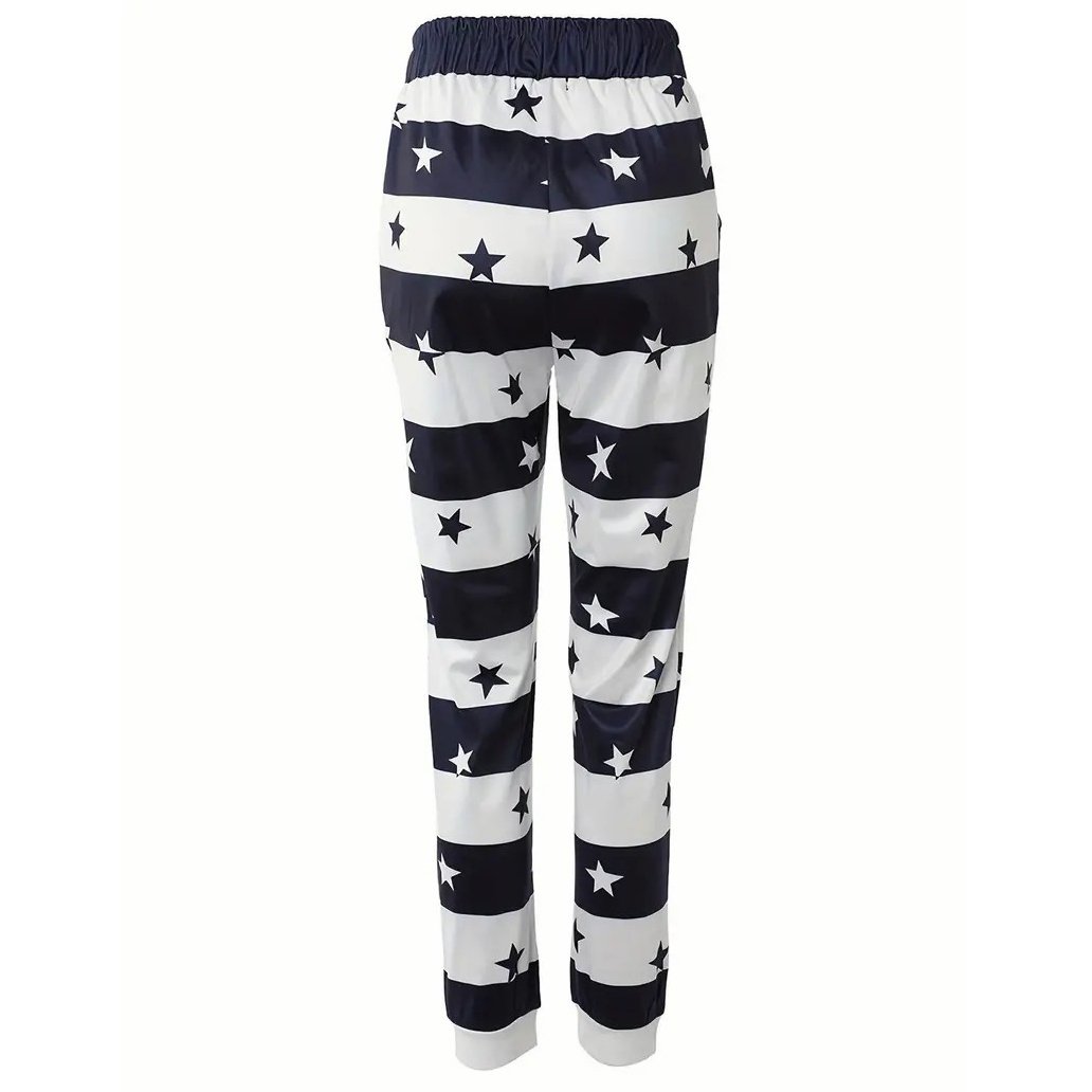 Striped & Star Print Drawstring Pants, Casual Pants For Spring & Summer, Women's Clothing - S