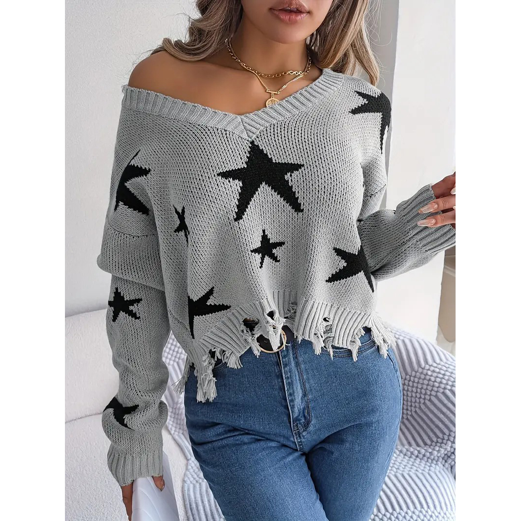 Star Pattern V Neck Pullover Sweater, Distressed Raw Trim Long Sleeve Sweater, Women's Clothing - Grey, M