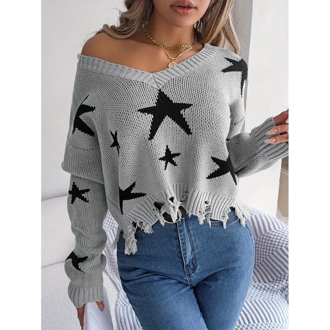 Star Pattern V Neck Pullover Sweater, Distressed Raw Trim Long Sleeve Sweater, Women's Clothing - Grey, L