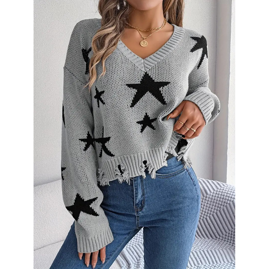 Star Pattern V Neck Pullover Sweater, Distressed Raw Trim Long Sleeve Sweater, Women's Clothing - Khaki, M