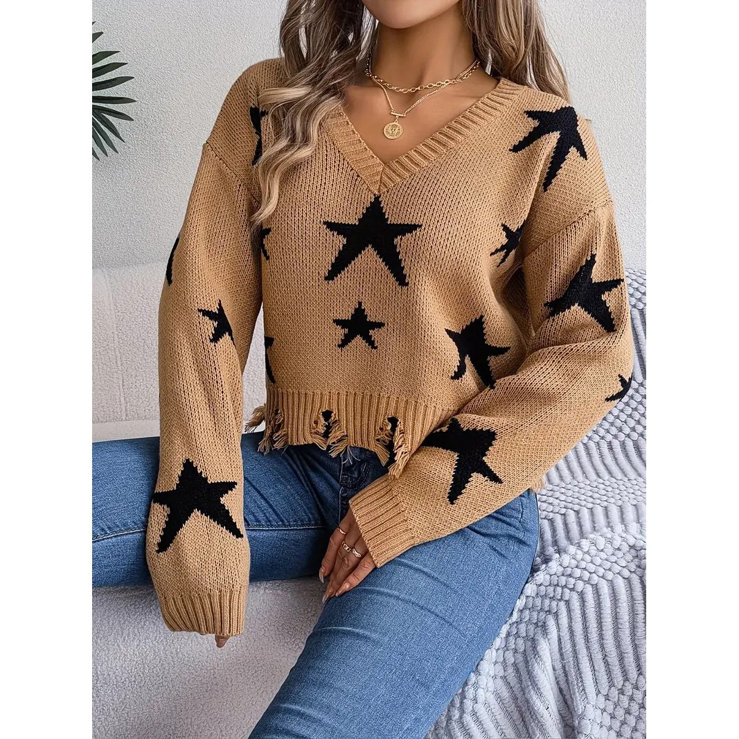 Star Pattern V Neck Pullover Sweater, Distressed Raw Trim Long Sleeve Sweater, Women's Clothing - Khaki, M