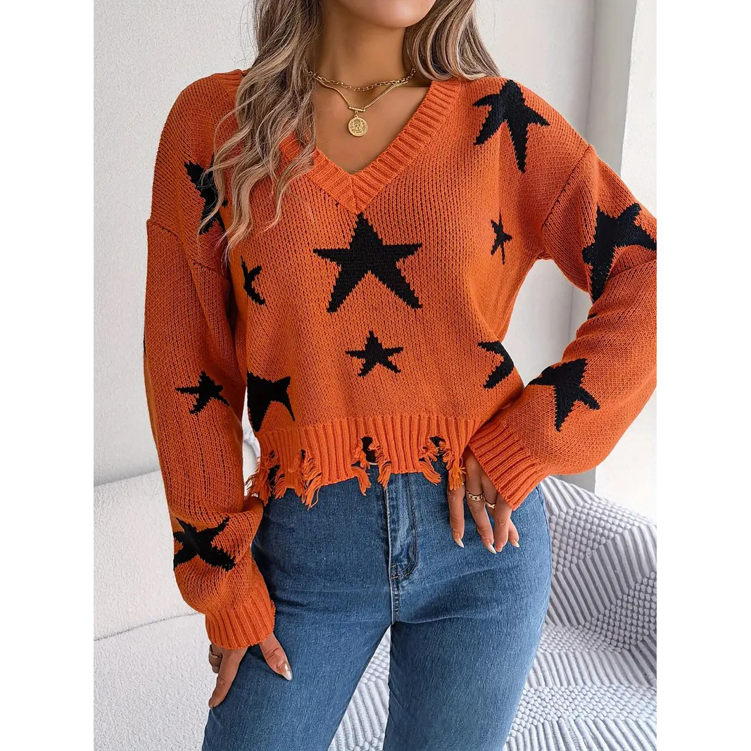 Star Pattern V Neck Pullover Sweater, Distressed Raw Trim Long Sleeve Sweater, Women's Clothing - Orange, S