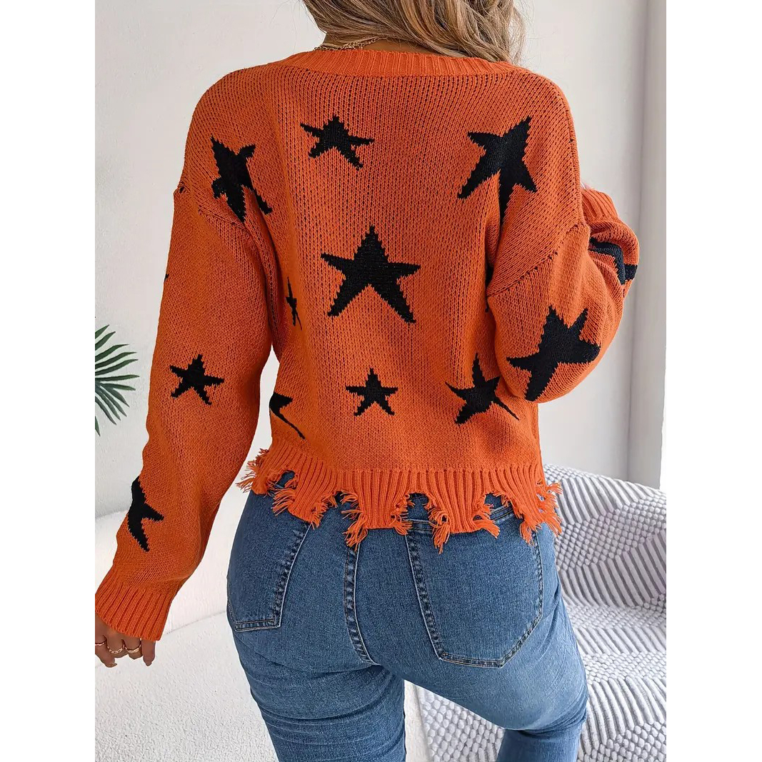 Star Pattern V Neck Pullover Sweater, Distressed Raw Trim Long Sleeve Sweater, Women's Clothing - Orange, L