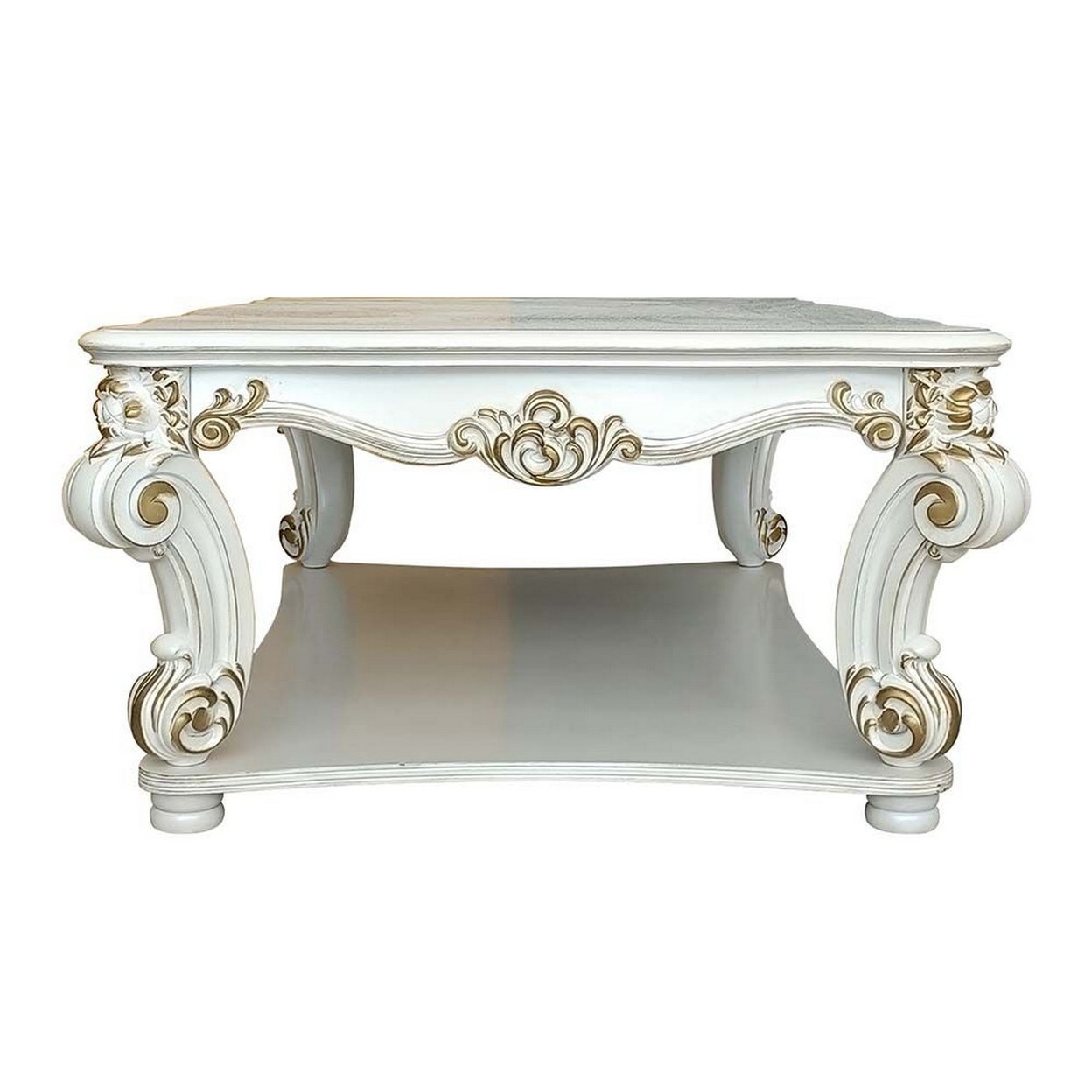 Jess 58 Inch Coffee Table, Traditional Scrolled Legs, White, Brushed Gold - Saltoro Sherpi