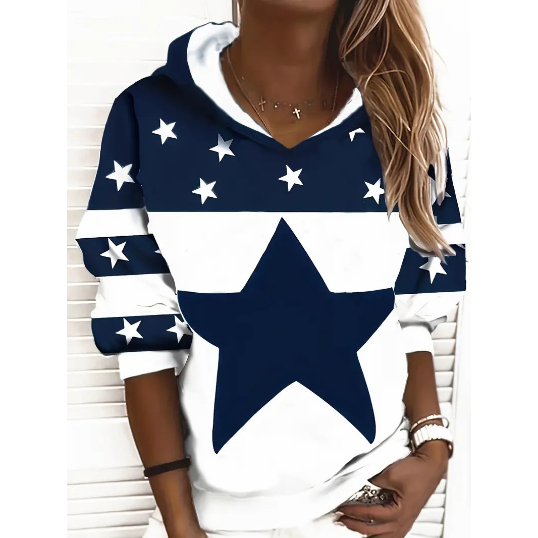Star Print Drawstring Hoodie, Casual Long Sleeve Hoodie Sweatshirt, Women's Clothing - XXL