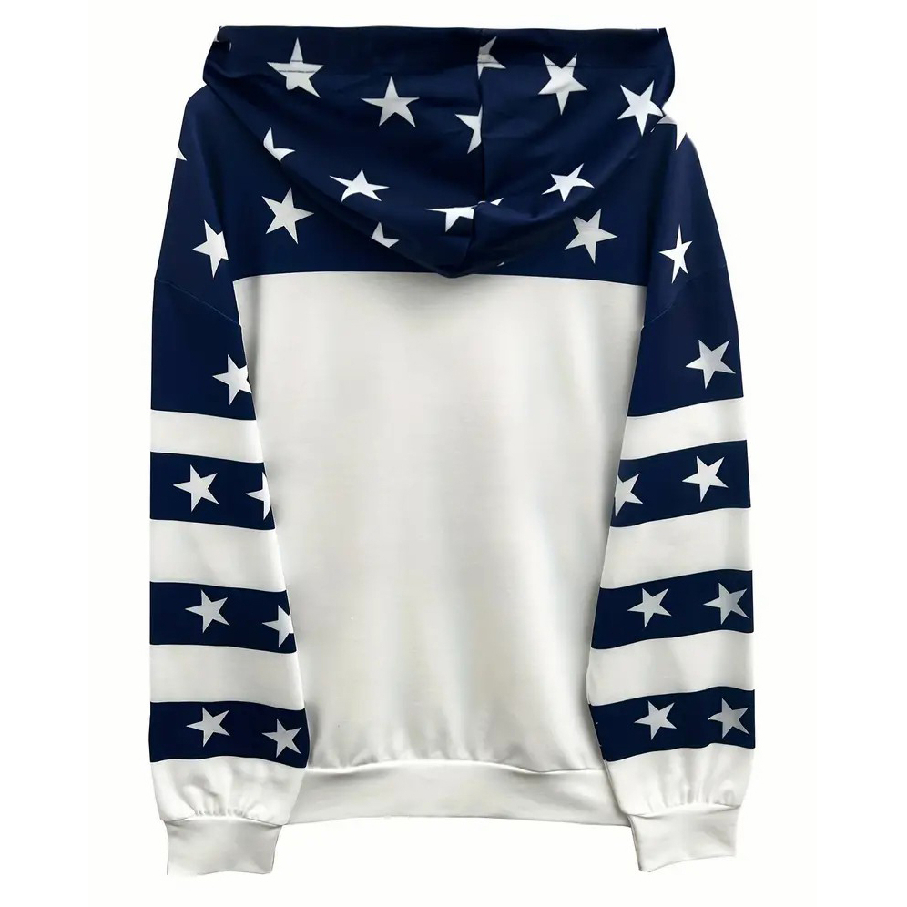 Star Print Drawstring Hoodie, Casual Long Sleeve Hoodie Sweatshirt, Women's Clothing - L