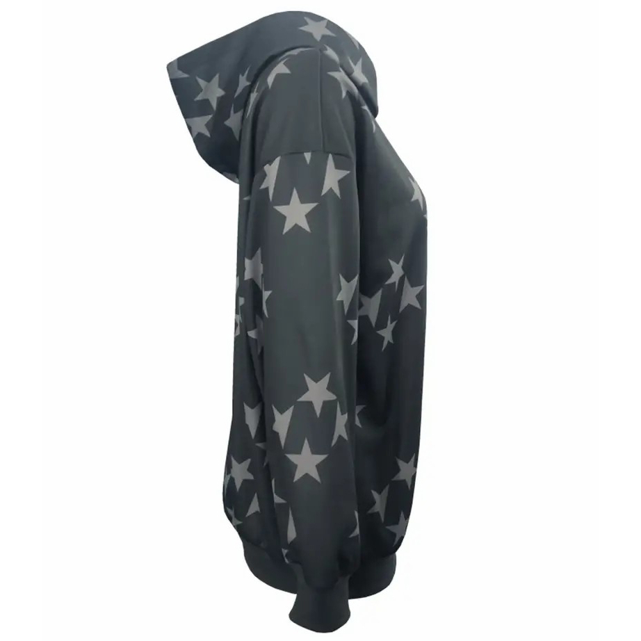 Star Print Zip Up Hoodie, Baddie Clothes Long Sleeve Hoodies Sweatshirt, Women's Clothing - Dark Gray, L