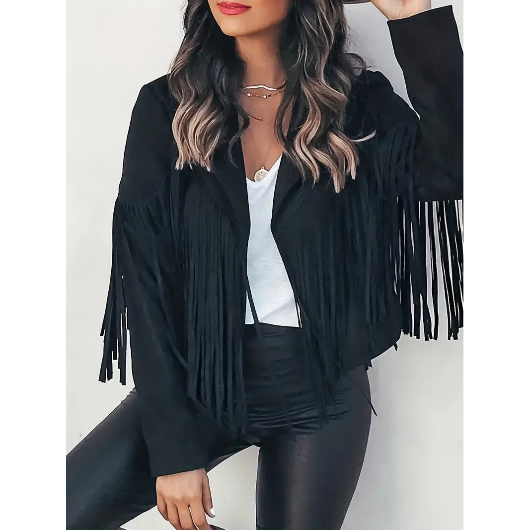 Tassel Cropped Jacket, Casual Open Front Long Sleeve Solid Outerwear, Women's Clothing - Black, S