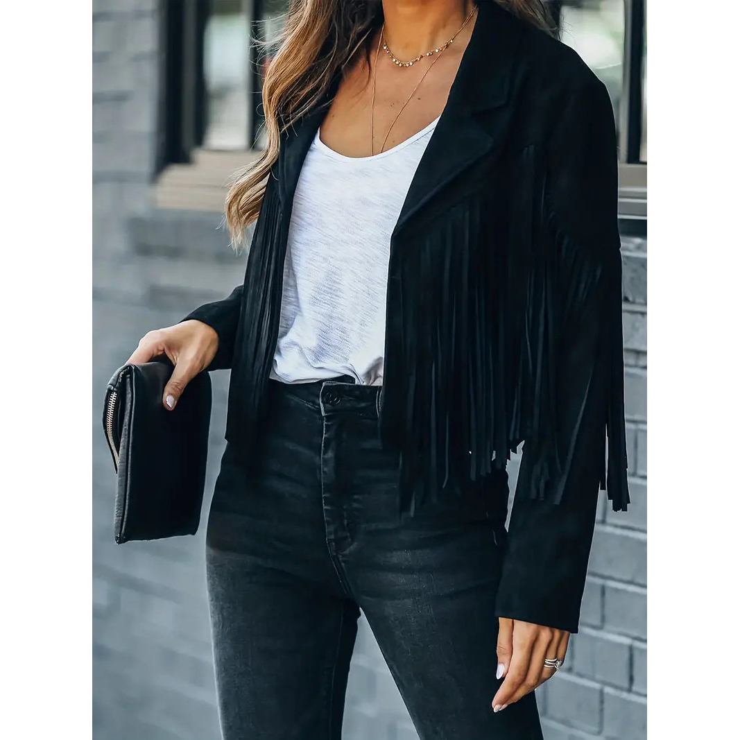 Tassel Cropped Jacket, Casual Open Front Long Sleeve Solid Outerwear, Women's Clothing - Black, S