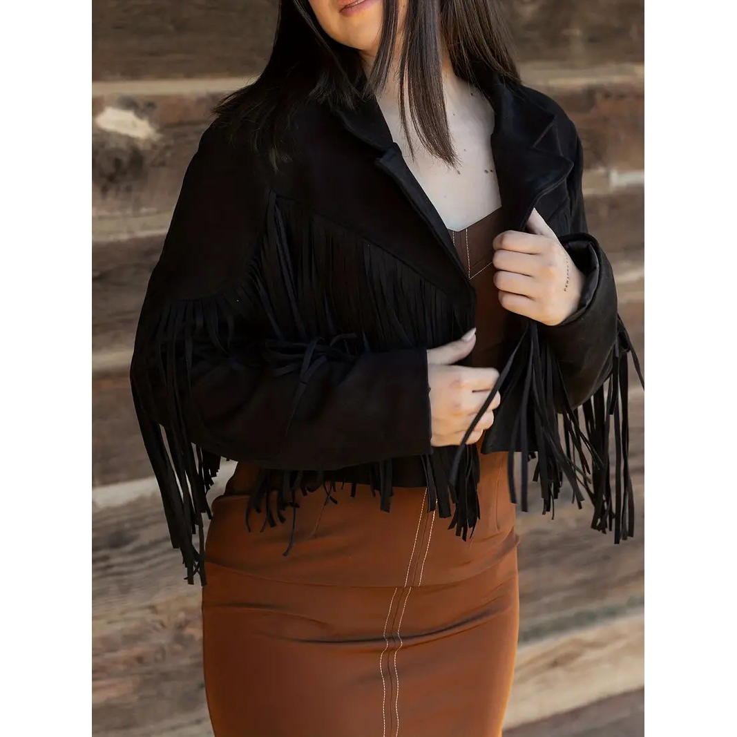 Tassel Cropped Jacket, Casual Open Front Long Sleeve Solid Outerwear, Women's Clothing - Black, M