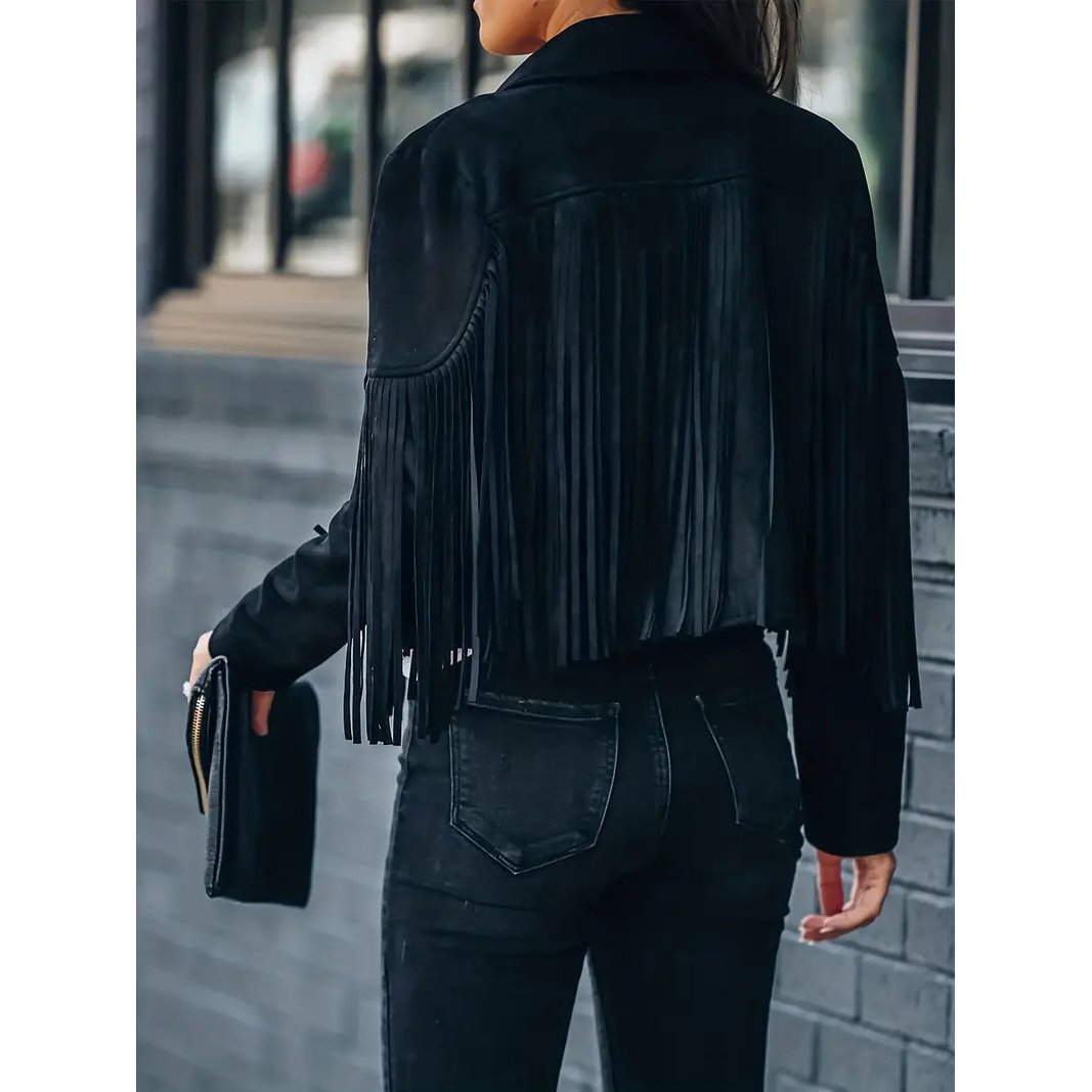 Tassel Cropped Jacket, Casual Open Front Long Sleeve Solid Outerwear, Women's Clothing - Black, L