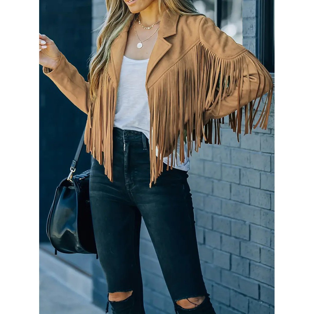 Tassel Cropped Jacket, Casual Open Front Long Sleeve Solid Outerwear, Women's Clothing - Caramel Colour, M