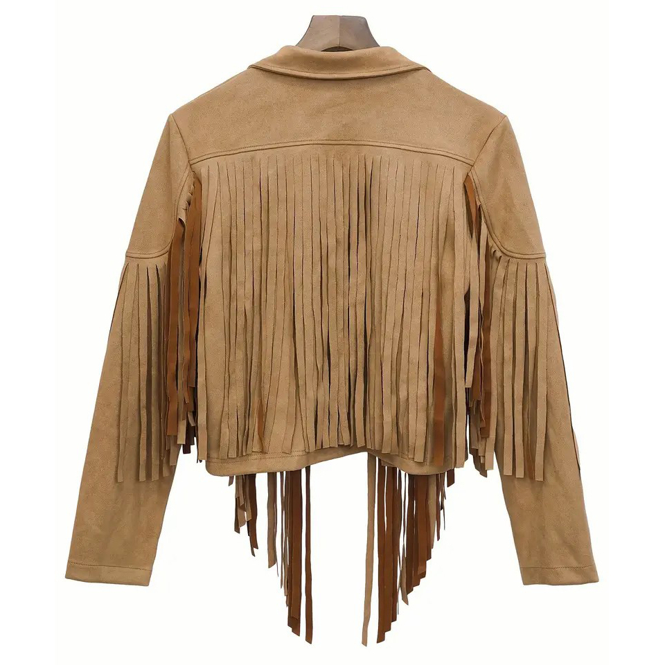 Tassel Cropped Jacket, Casual Open Front Long Sleeve Solid Outerwear, Women's Clothing - Caramel Colour, XL