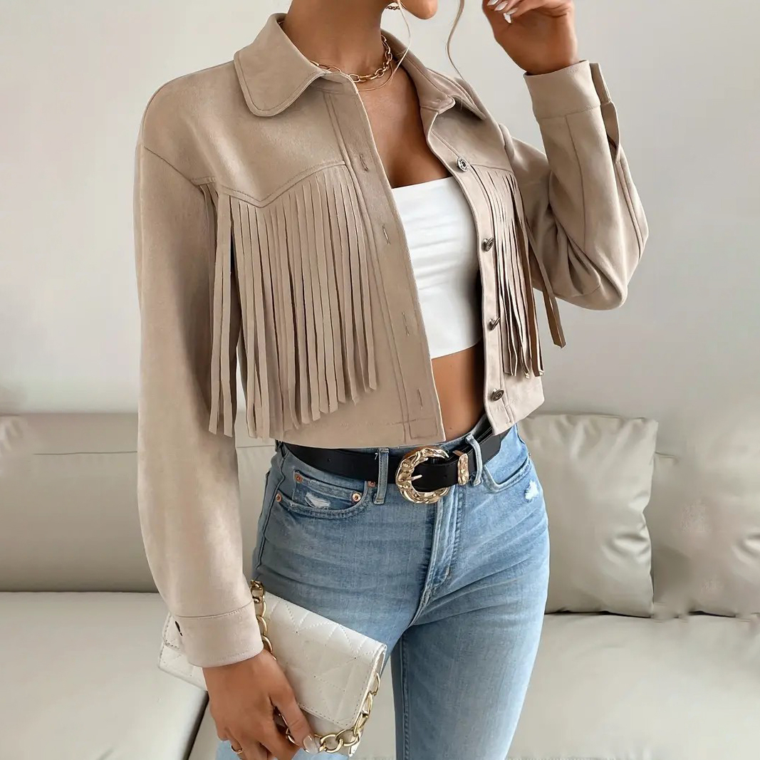 Button Tassel Solid Drop Shoulder Jacket, Casual Long Sleeve Crop Jacket For Spring & Fall, Women's Clothing - Apricot, S