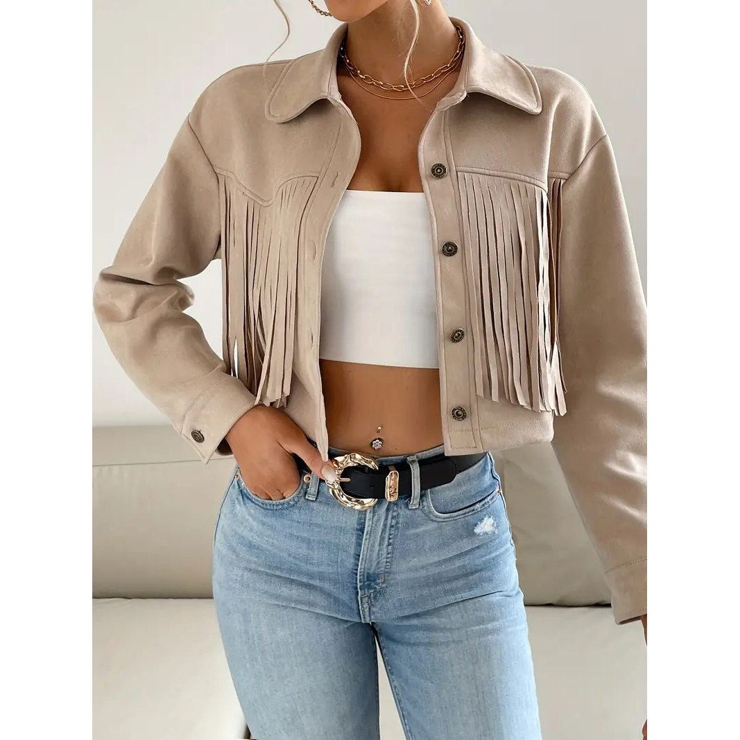 Button Tassel Solid Drop Shoulder Jacket, Casual Long Sleeve Crop Jacket For Spring & Fall, Women's Clothing - Khaki, XXL