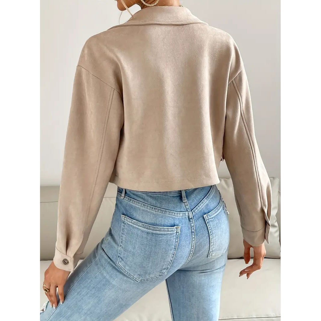 Button Tassel Solid Drop Shoulder Jacket, Casual Long Sleeve Crop Jacket For Spring & Fall, Women's Clothing - Apricot, XXL