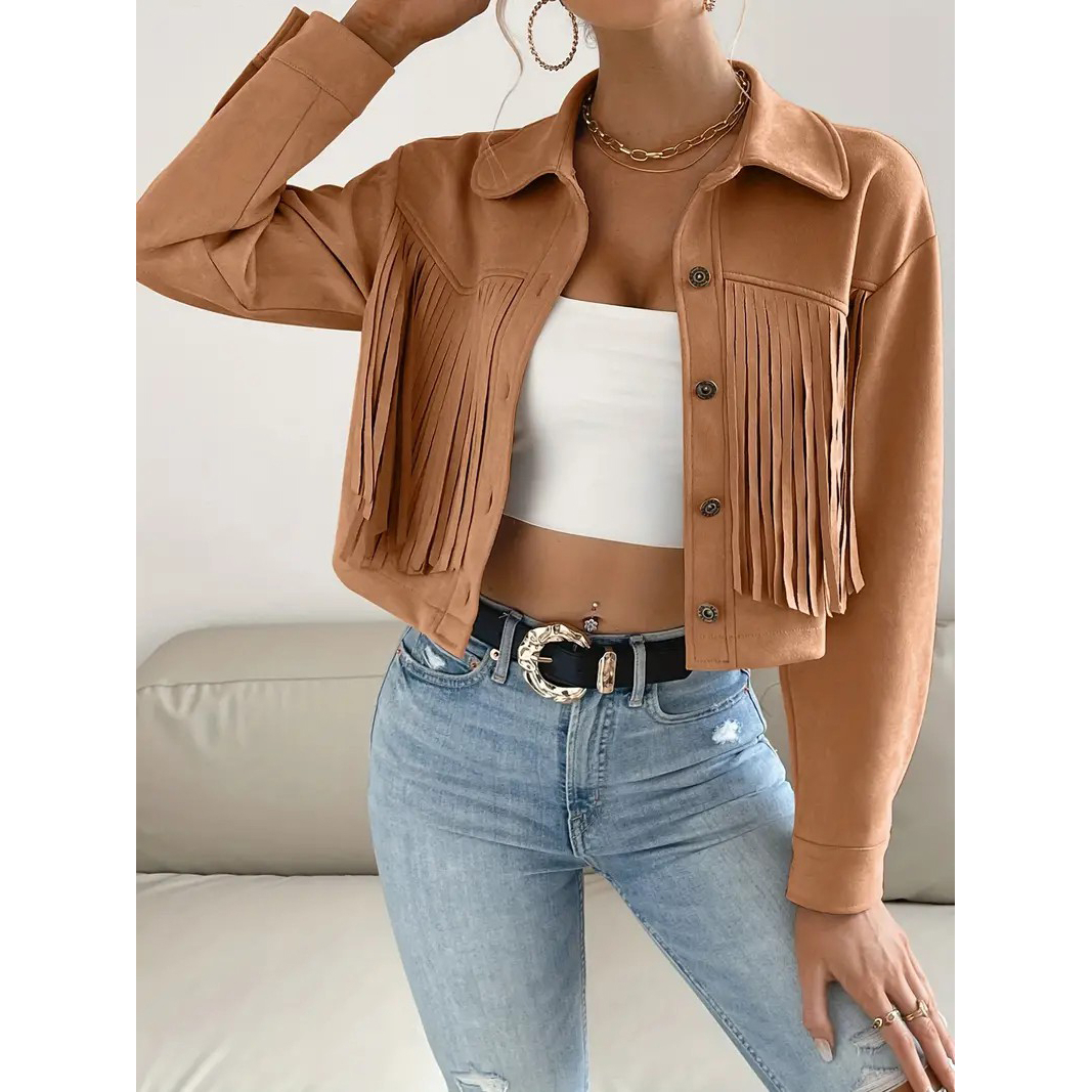 Button Tassel Solid Drop Shoulder Jacket, Casual Long Sleeve Crop Jacket For Spring & Fall, Women's Clothing - Khaki, L