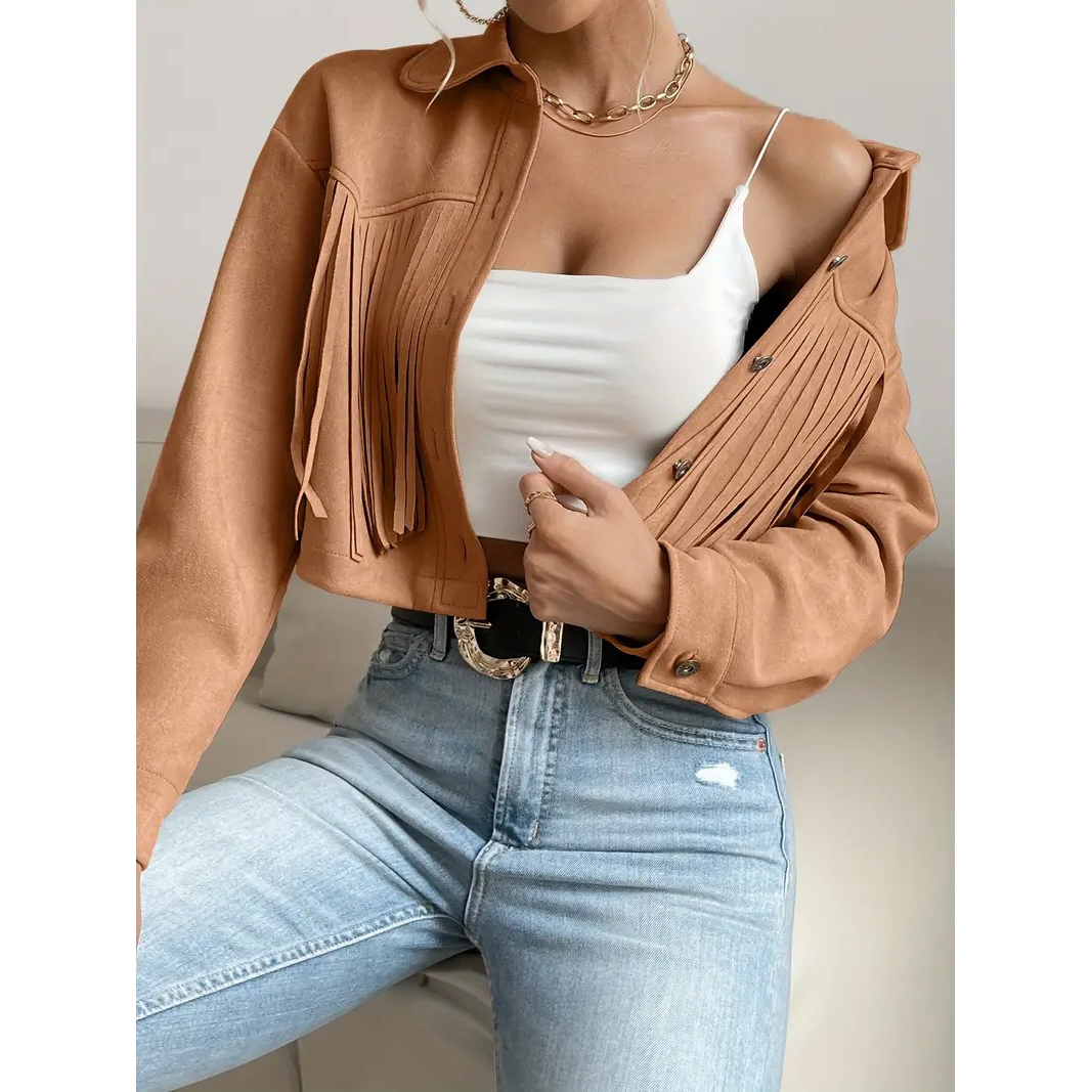 Button Tassel Solid Drop Shoulder Jacket, Casual Long Sleeve Crop Jacket For Spring & Fall, Women's Clothing - Khaki, XL
