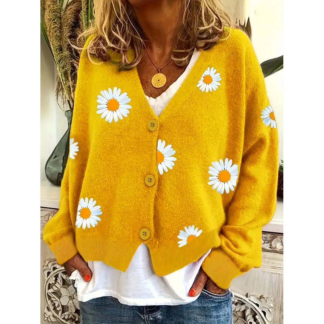 Daisy Pattern Embroidered Knitted Cardigan, Button Front Elegant Long Sleeve Sweater For Spring & Fall, Women's Clothing - Yellow, M