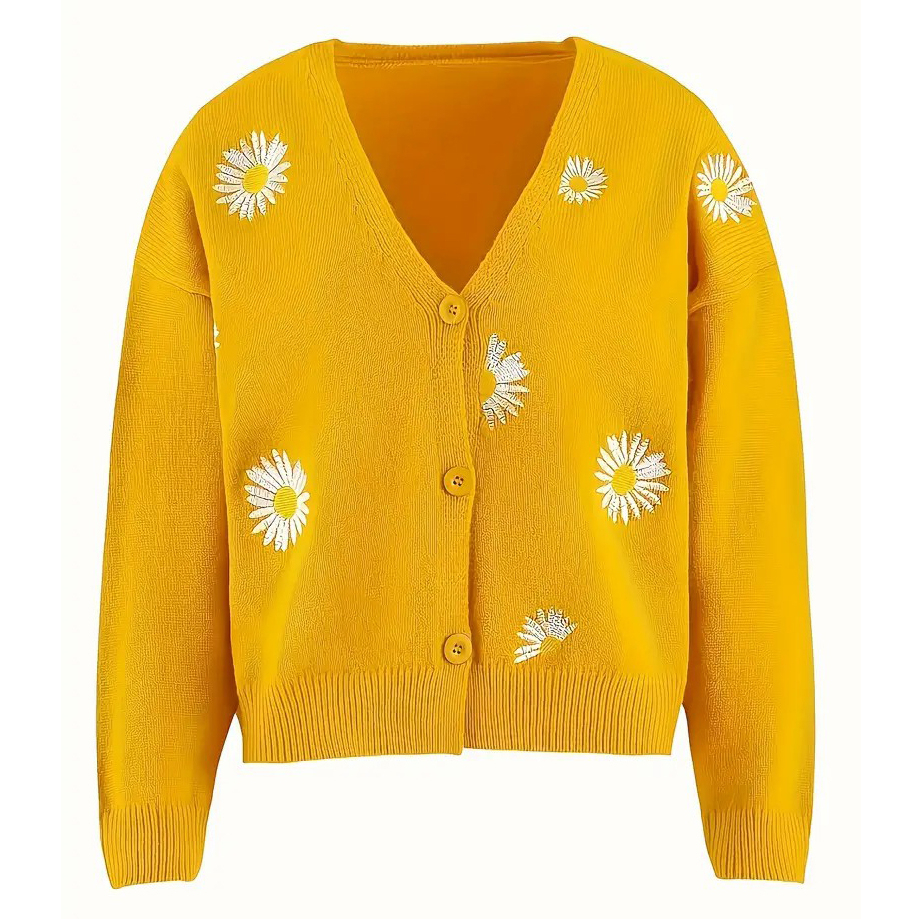 Daisy Pattern Embroidered Knitted Cardigan, Button Front Elegant Long Sleeve Sweater For Spring & Fall, Women's Clothing - Yellow, XL