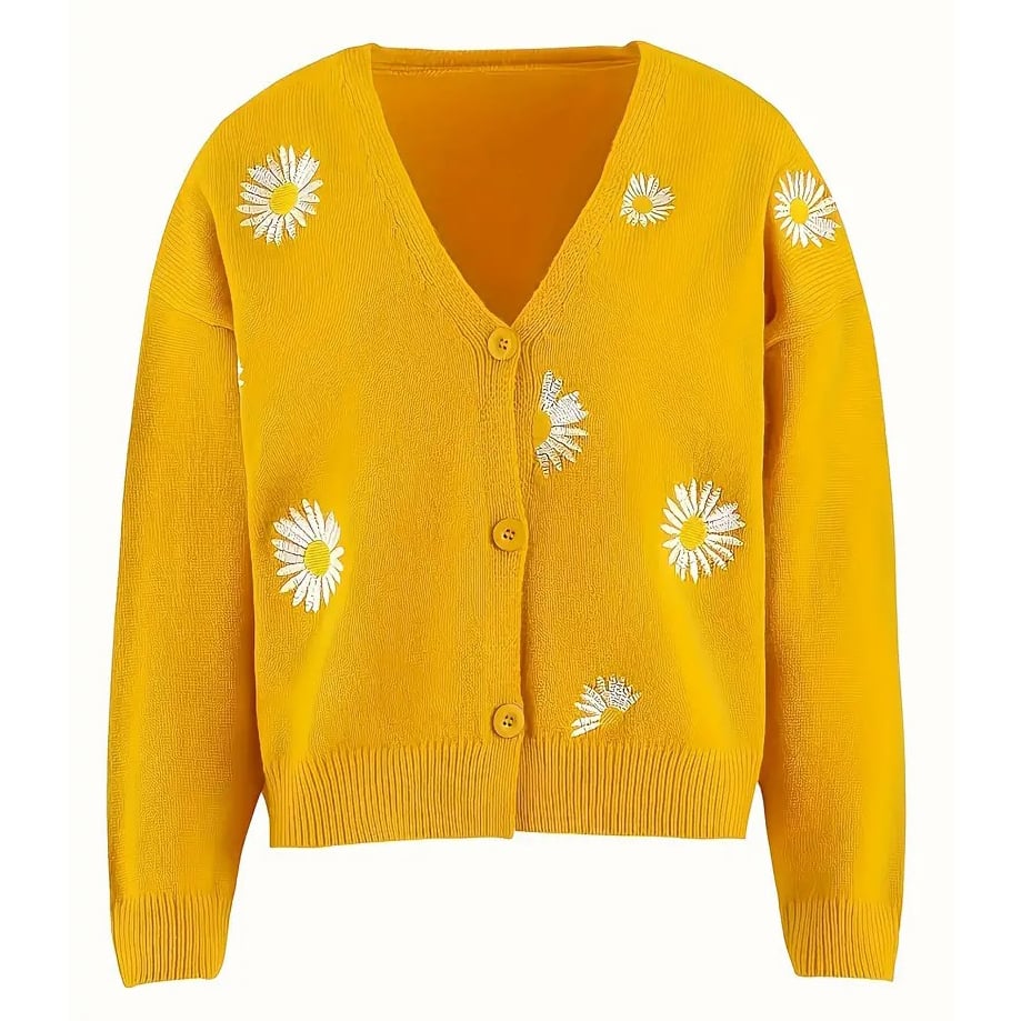 Daisy Pattern Embroidered Knitted Cardigan, Button Front Elegant Long Sleeve Sweater For Spring & Fall, Women's Clothing - Yellow, XXL