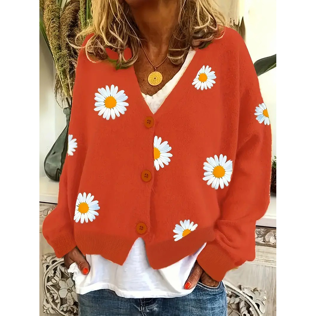 Daisy Pattern Embroidered Knitted Cardigan, Button Front Elegant Long Sleeve Sweater For Spring & Fall, Women's Clothing - Red, S