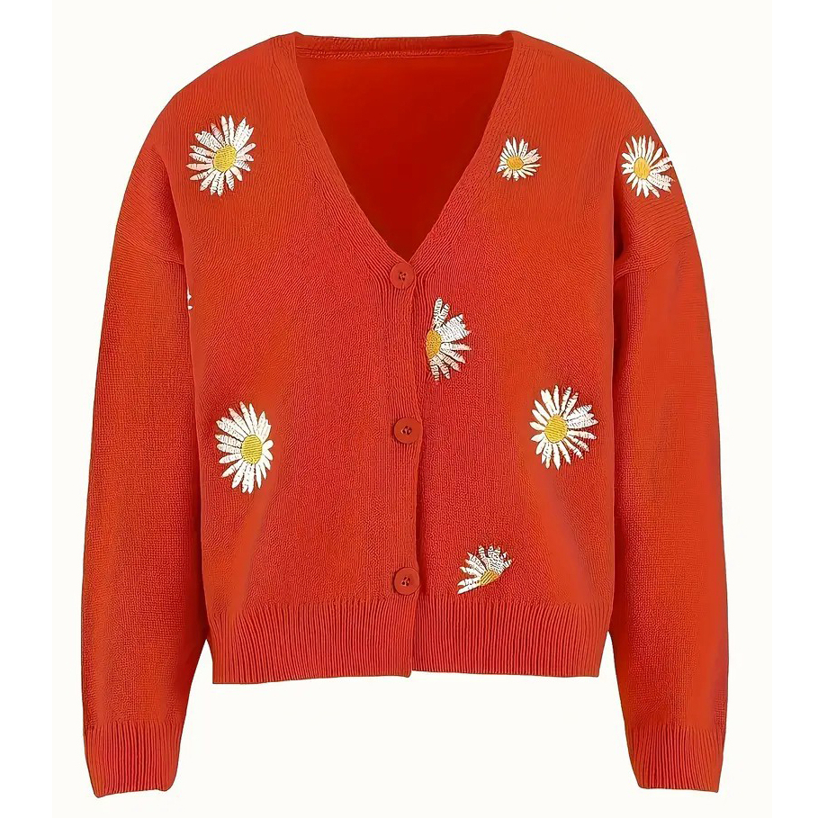 Daisy Pattern Embroidered Knitted Cardigan, Button Front Elegant Long Sleeve Sweater For Spring & Fall, Women's Clothing - Red, XL