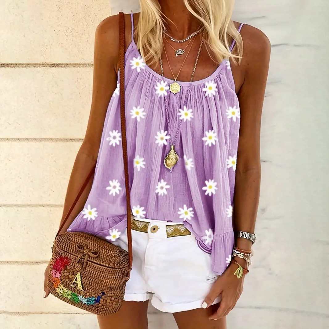 Daisy Print Cami Top, Casual Summer Sleeveless Top, Women's Clothing - Purple, S