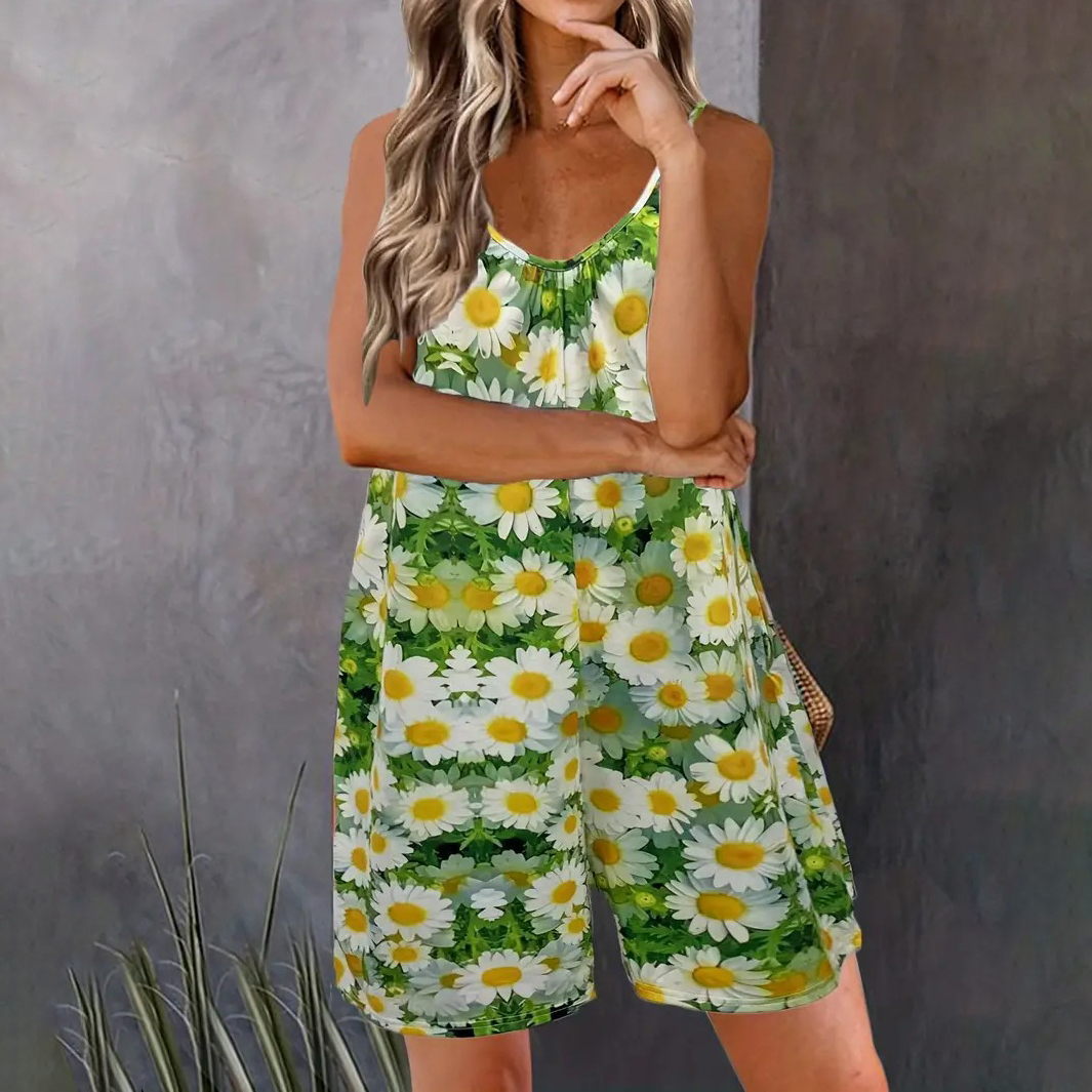 Daisy Full Print Jumpsuit, Casual Spaghetti Sleeveless Short Length Jumpsuit, Women's Clothing - L