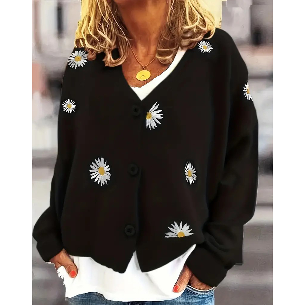 Daisy Pattern Embroidered Knitted Cardigan, Button Front Elegant Long Sleeve Sweater For Spring & Fall, Women Clothing - Black, XXL