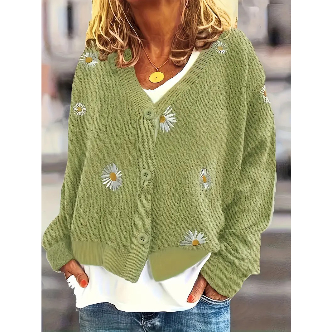 Daisy Pattern Embroidered Knitted Cardigan, Button Front Elegant Long Sleeve Sweater For Spring & Fall, Women Clothing - Green, S