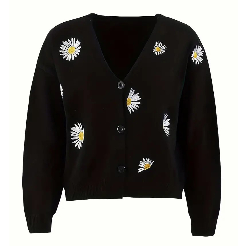 Daisy Pattern Embroidered Knitted Cardigan, Button Front Elegant Long Sleeve Sweater For Spring & Fall, Women Clothing - Black, XL