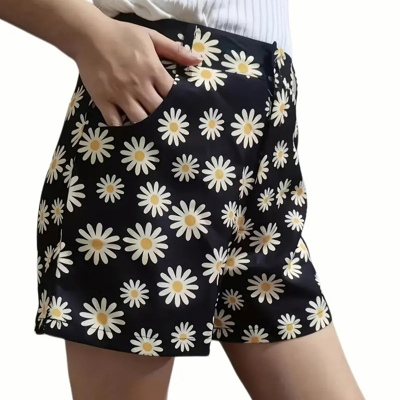 Daisy Print Versatile Shorts, Casual High Waist Shorts, Women's Clothing - Black, XL