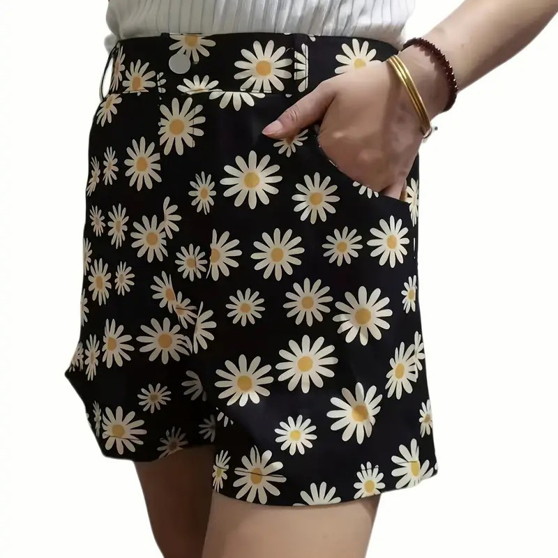 Daisy Print Versatile Shorts, Casual High Waist Shorts, Women's Clothing - Black, S