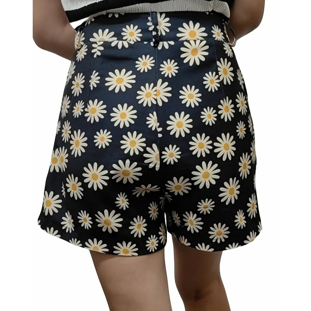 Daisy Print Versatile Shorts, Casual High Waist Shorts, Women's Clothing - Black, M
