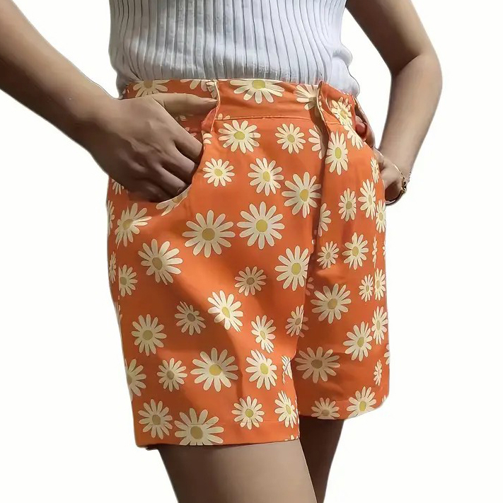 Daisy Print Versatile Shorts, Casual High Waist Shorts, Women's Clothing - Orange, S
