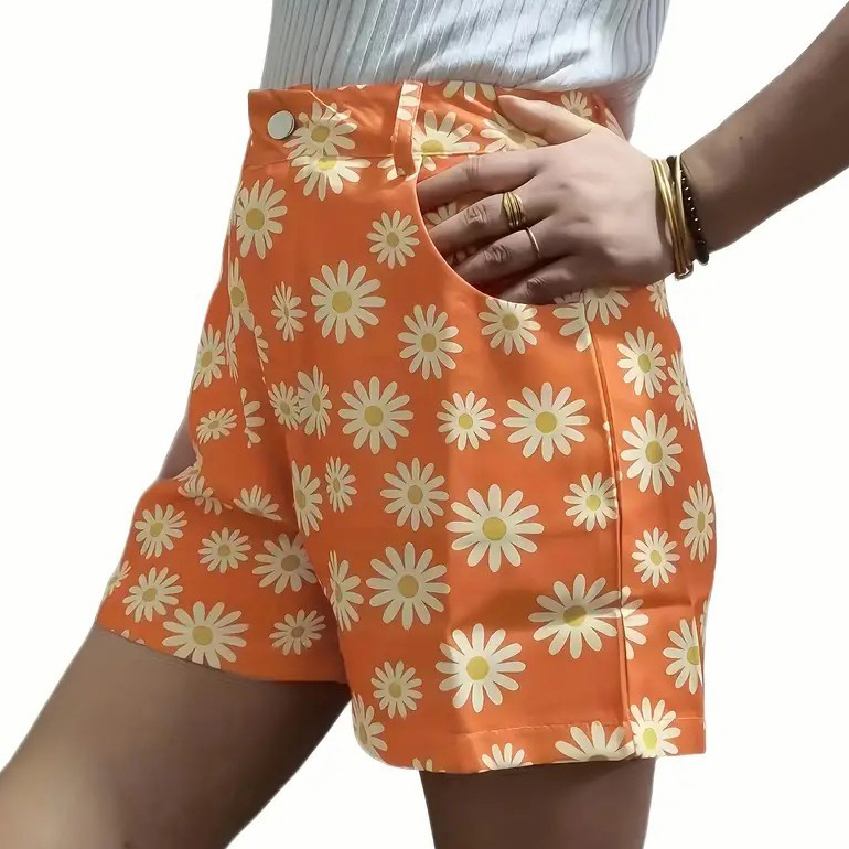Daisy Print Versatile Shorts, Casual High Waist Shorts, Women's Clothing - Orange, M