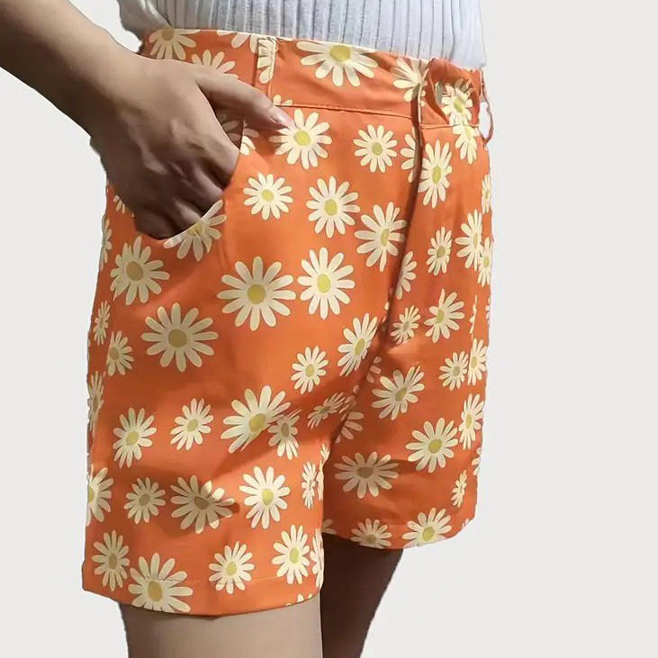 Daisy Print Versatile Shorts, Casual High Waist Shorts, Women's Clothing - Orange, L