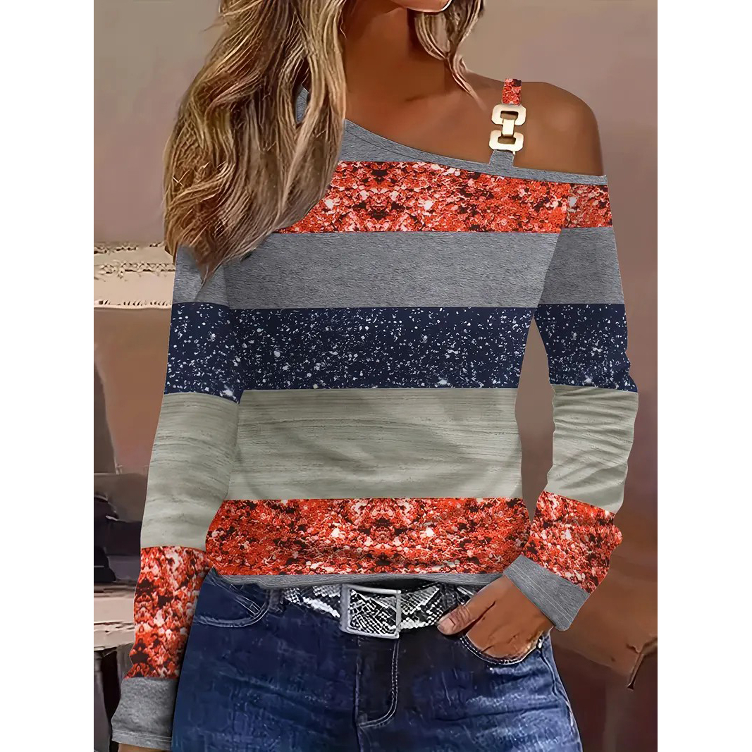 Colorblock Stripe & Sequins Print T-Shirt, Casual Cold Shoulder Long Sleeve Top For Spring & Fall, Women's Clothing - Red, M
