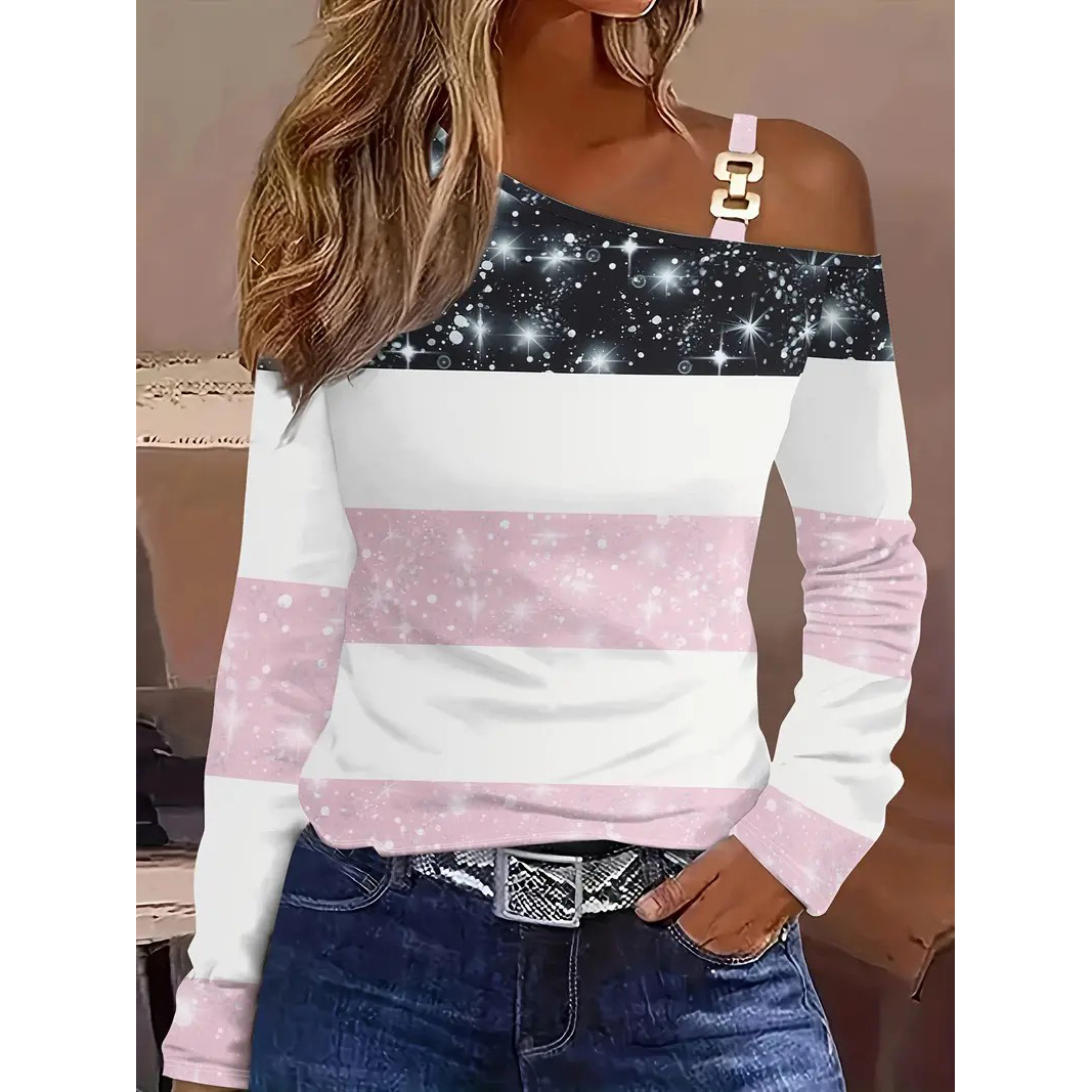 Colorblock Stripe & Sequins Print T-Shirt, Casual Cold Shoulder Long Sleeve Top For Spring & Fall, Women's Clothing - Red, M