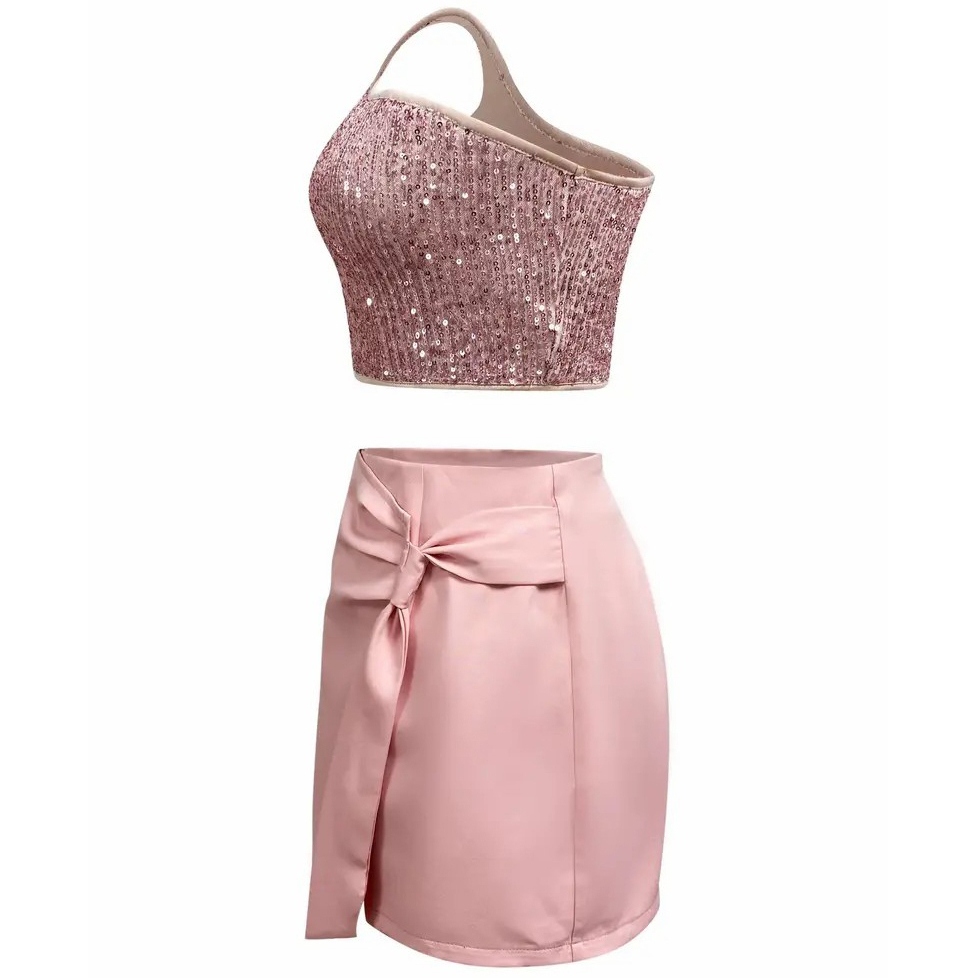 Brabie Two-piece Set, One Shoulder Sequin Sleeveless Top & Ruched Asymmetrical Shorts Outfits, Women's Clothing For Barbie - Pink, M