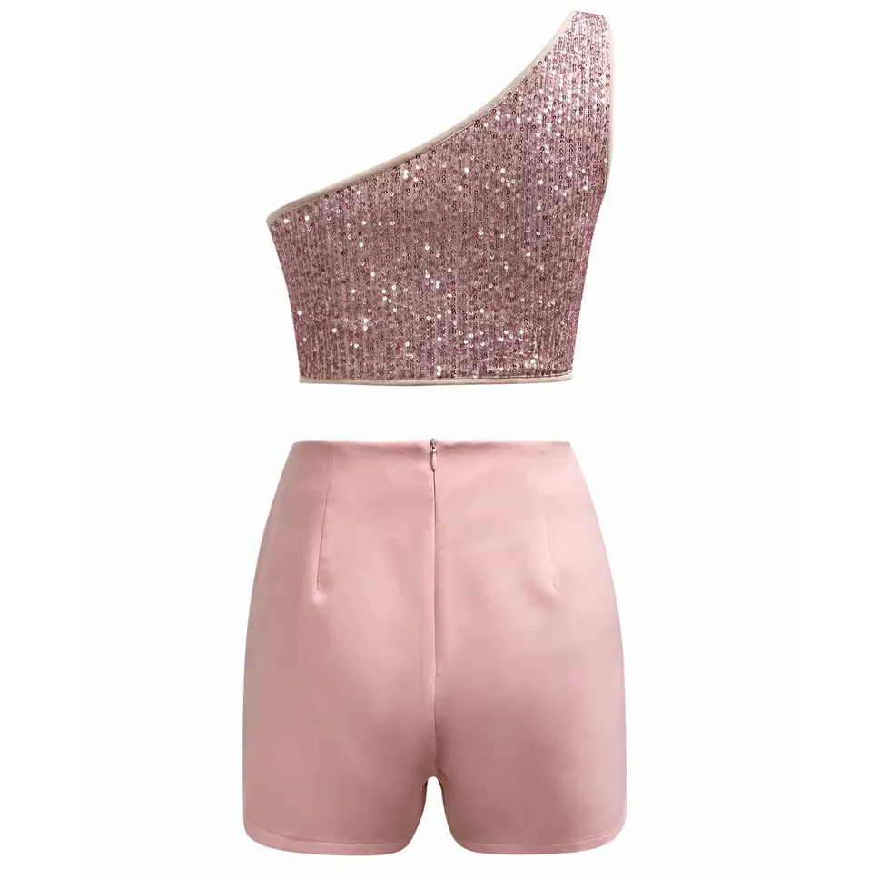 Brabie Two-piece Set, One Shoulder Sequin Sleeveless Top & Ruched Asymmetrical Shorts Outfits, Women's Clothing For Barbie - Pink, S