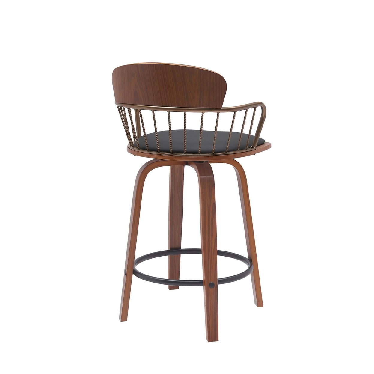 Wiz 26 Inch Counter Stool Chair, Slatted, Black Faux Leather, Walnut Brown - Saltoro Sherpi