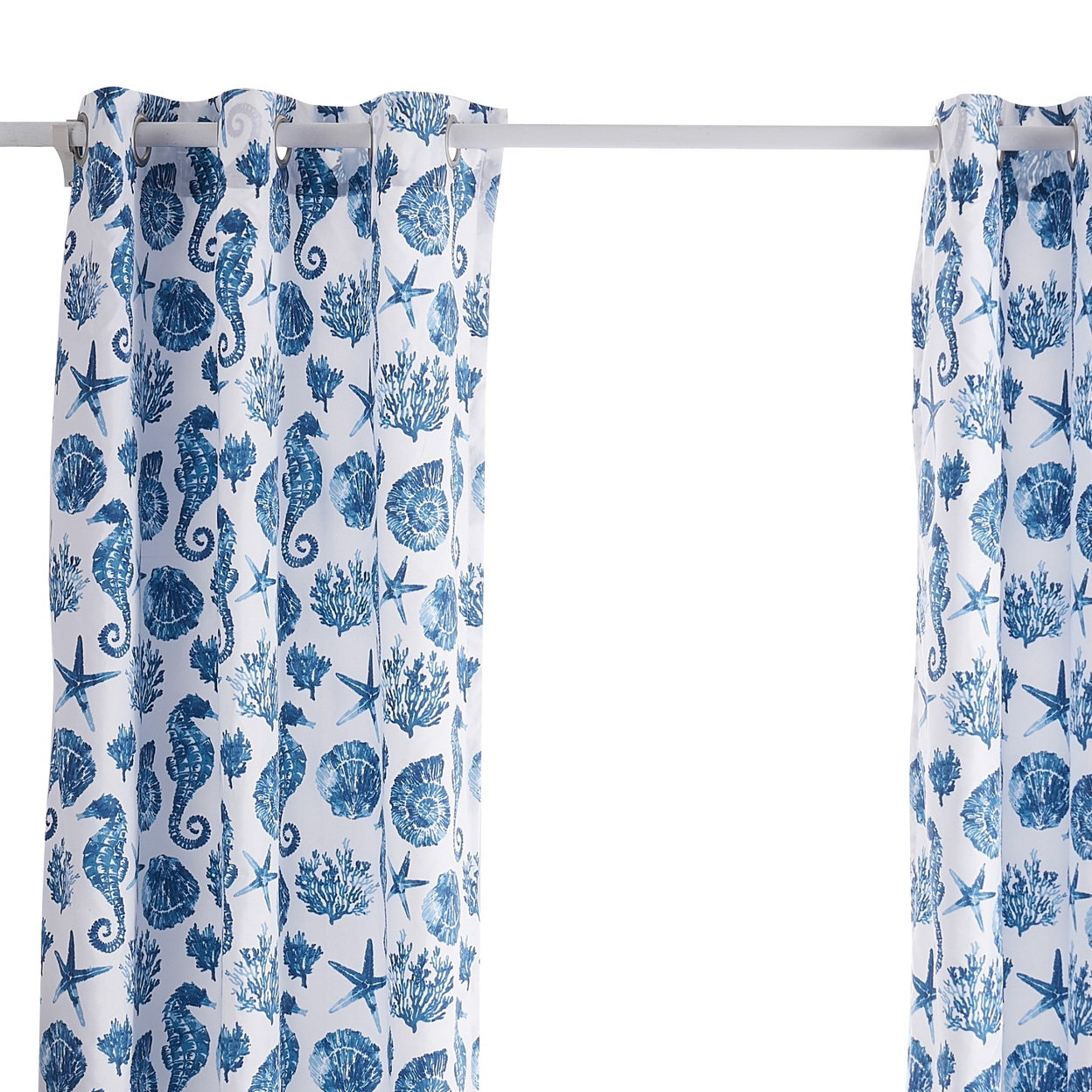 Riga 84 Inch Window Curtains, Blue Seashells Print, Microfiber, Rod Pockets