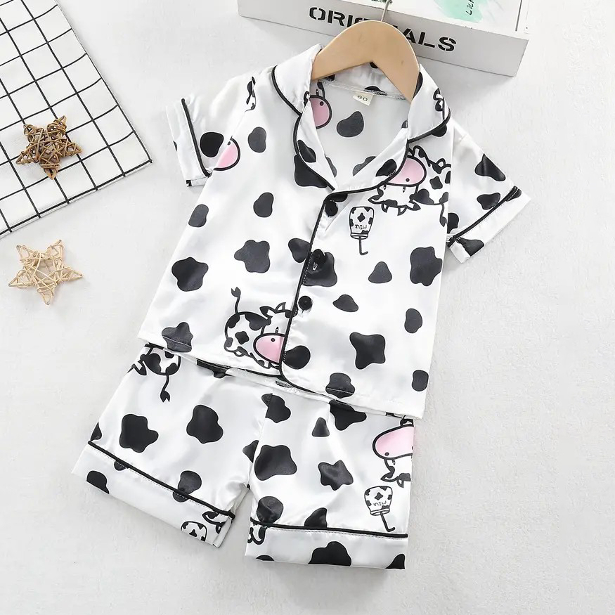 Toddler Girl's 2pcs Cartoon Cow Pattern Pajamas, Button Front Top & Elastic Waist Shorts Set, Comfy Casual PJ Set, Kid's Lounge Wear - 1-2Y